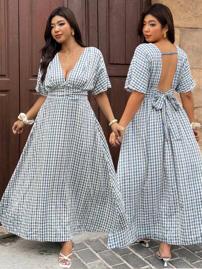 Vionelle Plus Size Plaid Print Deep V-Neck Long Sleeve Dress