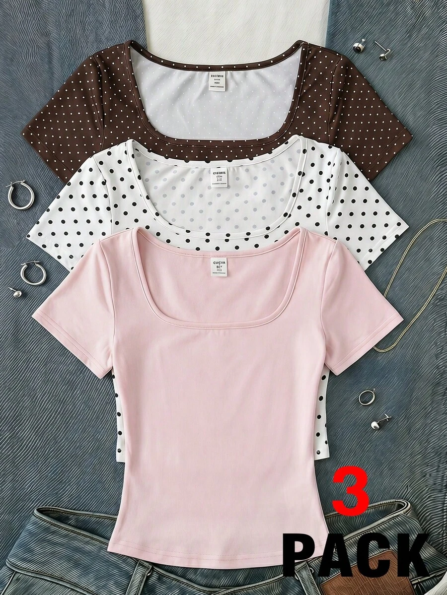 Set de 3 camisetas de manga corta con cuello cuadrado, estilo casual minimalista con lunares y unicolor para niñas preadolescentes - Multicolor - Ver 1