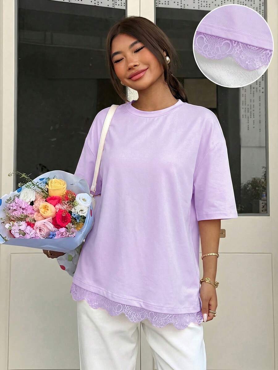 Muchica 女士春夏新款蕾丝边T恤 - 紫丁香色 - 查看 1