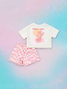 SUMWON Coral Reef Graphic Print Short Sleeve Crop T-Shirt And Checkerboard High Rise Shorts Two Piece Co-Ord Set - White - View 1