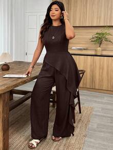 Weeklong Plus Size Women Spring/Summer Round Neck Waist Cinched Asymmetric Hem Ruffle Casual Suit - Brown - View 4