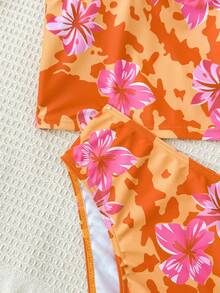 Teen Girl Summer Vacation Casual Beach Wear Tropical Floral Print Bikini Lace Trim 2-Piece Swimsuit Set - Orange - View 5