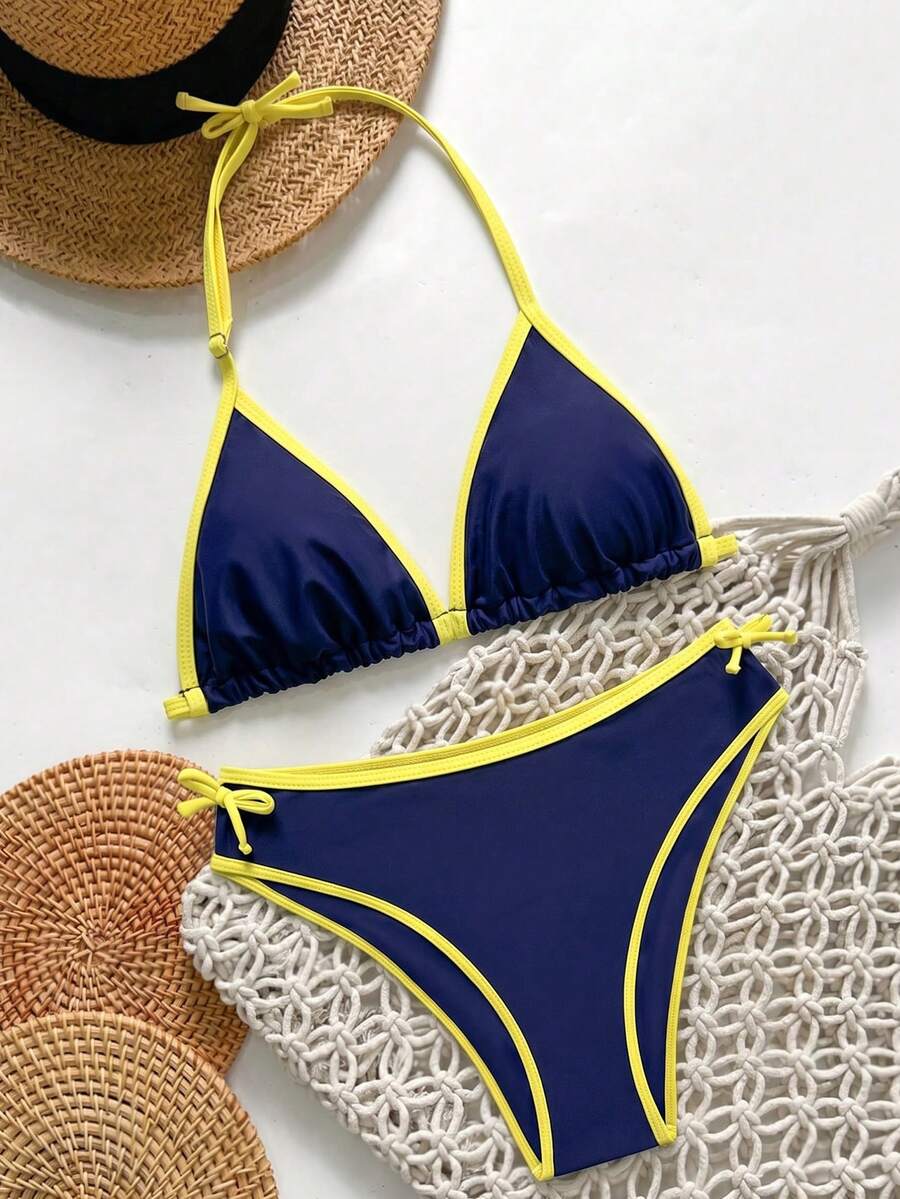 SHEIN Teen Girls' Navy Blue & Yellow Contrast Trim Halter Neck Bikini 2 Pieces Swimwear, Spring/Summer - Blue - View 1