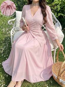 Modelyn White Lilac Autumn Elegant Sexy Golf Women's Jacquard Criss-Cross Tie Asymmetrical Top And Flared Midi Dress Set,Vintage French Style Dinner Gown - Pink - View 4