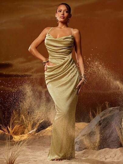 Hauture Metallic Net-Knit Cowl Neck Maxi Dress