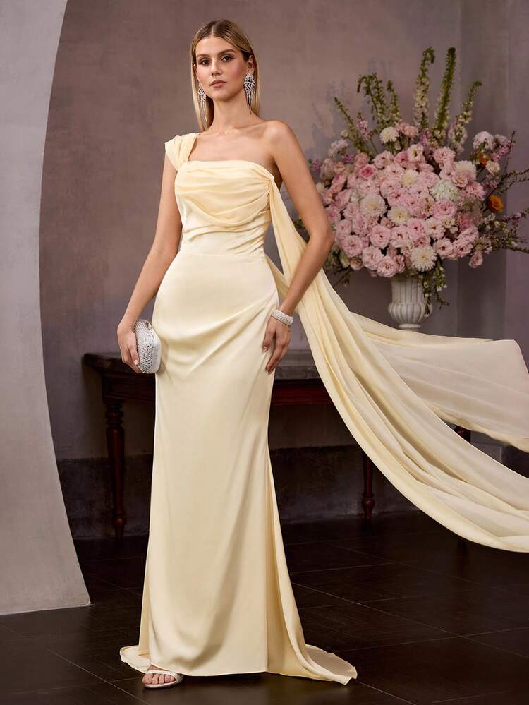 MOTF Soiréza WOMEN'S ELEGANT SATIN ASYMMETRICAL ONE-SHOULDER FLOOR-LENGTH FORMAL DRESSES WITH CAPE SLEEVE, RUCHED CHEST, CINCHED WAIST & FLOWING SKIRT – IDEAL FOR WEDDINGS, GALA DINNERS, AWARD CEREMONIES, RED-CARPET EVENTS