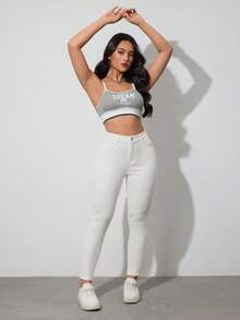 SHEIN ICON 女士休闲通勤简约纯色修身牛仔裤 - 米色 - 查看 4