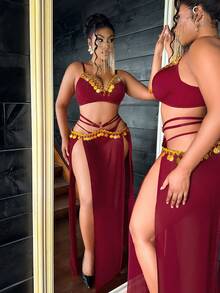 Fantasy Costume Fantasy Costume 3件套女士性感异域风情长裙套装 - 酒紅色 - 查看 3