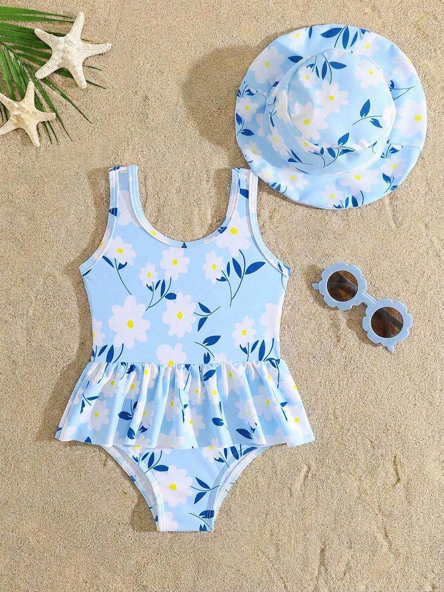 Baby Girls' Floral Print One-Piece Swimsuit With Hat, Knitted Fabric, Elegant Swimwear For Swimming, Beach, Pool, Summer Vacation, Holiday - Blue - View 1