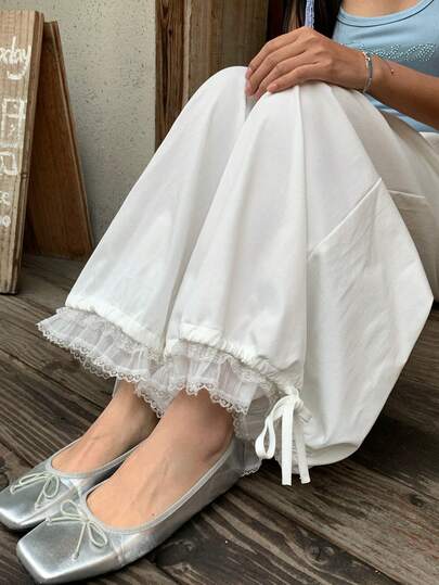DAZY 女士休闲度假通勤纯色抽绳腰带撞色蕾丝下摆宽松阔腿裤