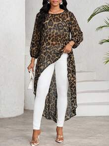SHEIN Lady Women's Fashion Leopard Print Front Short Back Long Shirt - Multicolor - View 3