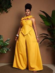 Maweii Plus Size Retro Sexy Black Ruffle Bandeau Waist Wide Leg Jumpsuit - Yellow - View 3