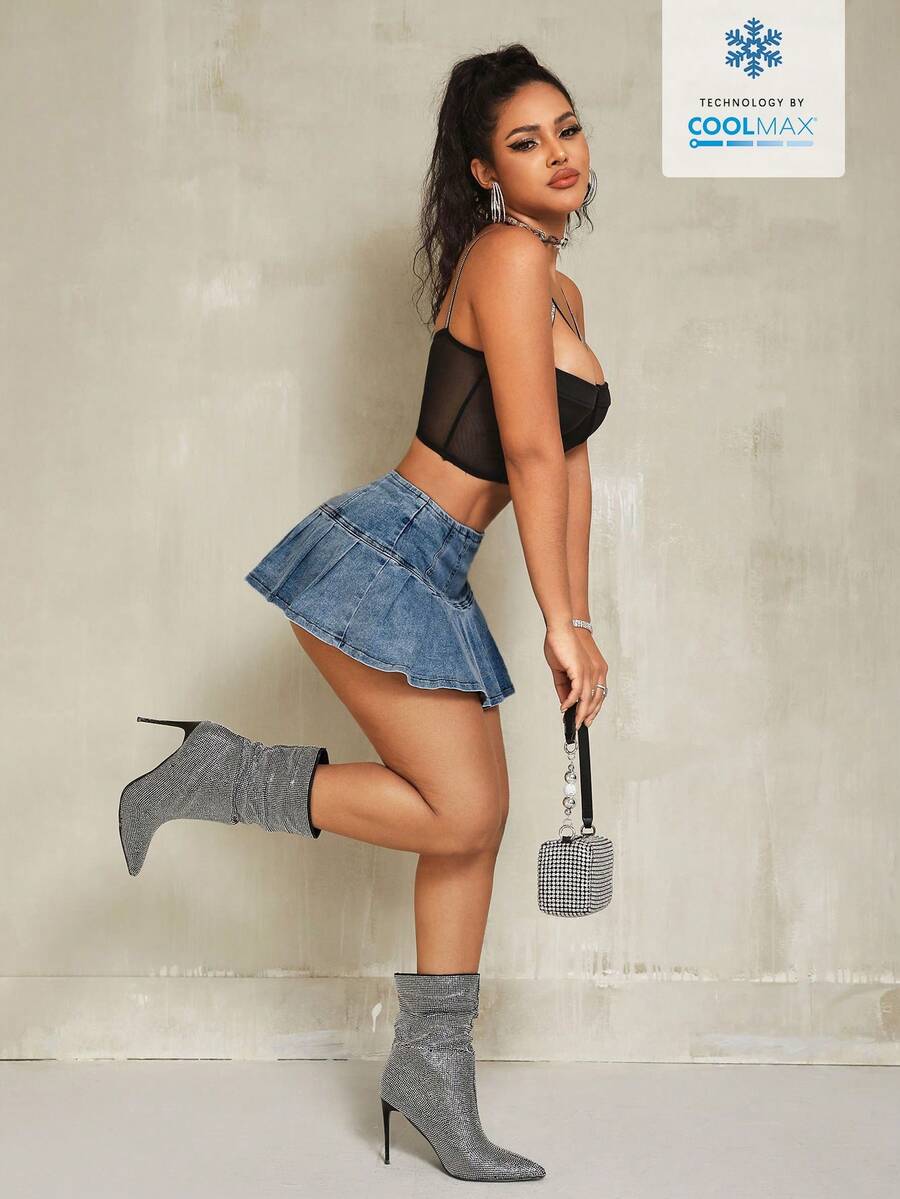 SHEIN SXY 女士纯色褶裥休闲牛仔迷你裙，夏季 - 藍色 - 查看 1
