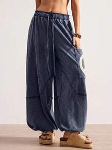 Bohemela Pantalones holgados de punto de unicolor con cordón y bordado de signo de paz, estilo casual y bohemio para vacaciones de mujer - azul real - Ver 6