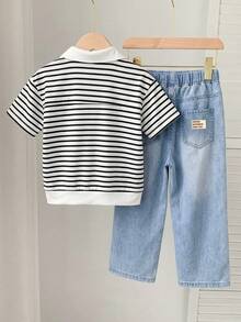 SHEIN Bubblio Bộ 2 món gồm áo polo tay ngắn và quần cạp chun in họa tiết dễ thương dành cho bé trai, thích hợp cho tiệc sinh nhật, tiệc tối, biểu diễn, đám cưới, tiệc mừng em bé chào đời. - Đen và trắng - Xem 2