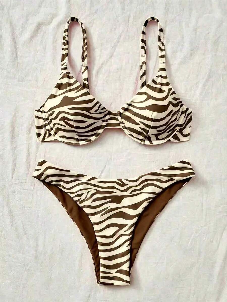Swim Vcay Conjunto de bikini y tanga triangular con estampado de cebra para mujer, ideal para la playa en verano - Café integral - Ver 1