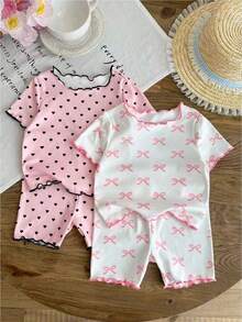 SHEIN LMoss Kids 4件套女婴针织爱心图案荷叶边领T恤和短裤家居服套装 - 彩色 - 查看 5