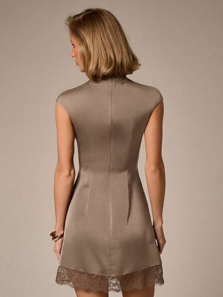 AiiRZ ärmelloses Minikleid mit Stehkragen und Spitzensaum, elegantes Bodycon-Kleid für Partys, Anlässe und Hochzeitsgäste