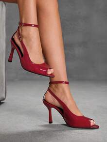 CUCCOO SZL Vintage Red Patent Leather Open Toe High Heel Double Ankle Strap Open-Toed High Heels Commuter Dating Banquet Women's Sandals - Red - View 3