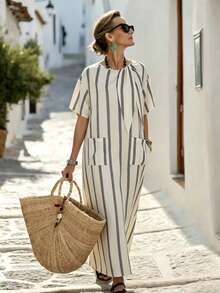 SHEIN LUNE Women's Blue And White Stripe Bow Decor Loose Dress, Casual Beach Vacation Holiday Style Summer - White - View 6
