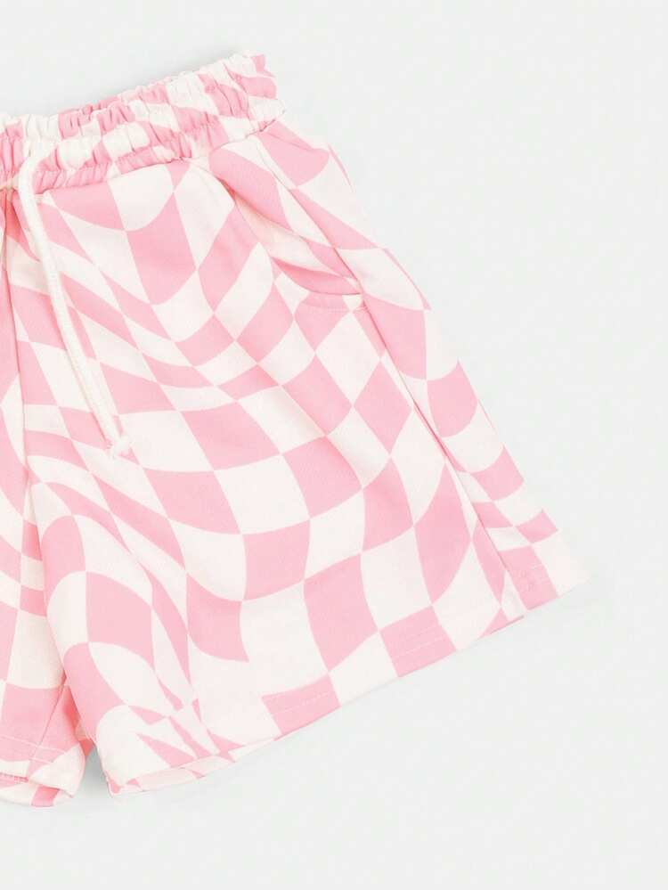 Coral Reef Graphic Print Short Sleeve Crop T-Shirt And Checkerboard High Rise Shorts Two Piece Co-Ord Set