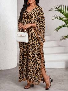 SHEIN Lady Plus Size Women Fashionable Leopard Print Tassel Dress Elegant Dresses For Women Summer Dress Summer Outfit For Women Leopard Print Dress Beach Dress - Brown - View 4