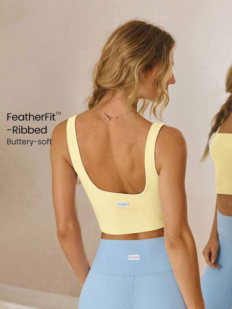 FeatherFit™ Ribbed Flex Soft Square Neck Sports Bra Low Impact Yoga Pilates Studio Daily Casual Wear Removable Cups Fall Winter