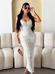 SHEIN SXY 女士镂空设计度假修身吊带连衣裙，白色 - 白色 - 查看 6