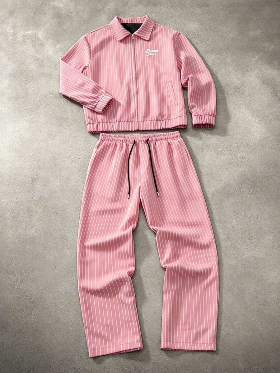 Manfinity Hypemode Men's Striped Letter Print Zip-Up Jacket And Casual Drawstring Waist Long Pants Set - Baby Pink - View 1