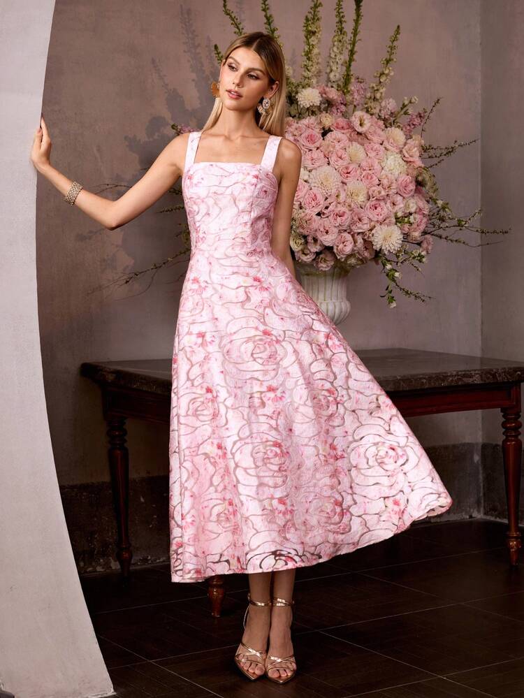 SUMMER FASHION JACQUARD ROMANTIC ELEGANT ROSE JACQUARD LUXURY SENSE SQUARE NECK SLEEVELESS WAIST SLIMMING FLARED DRESS FOR WOMEN