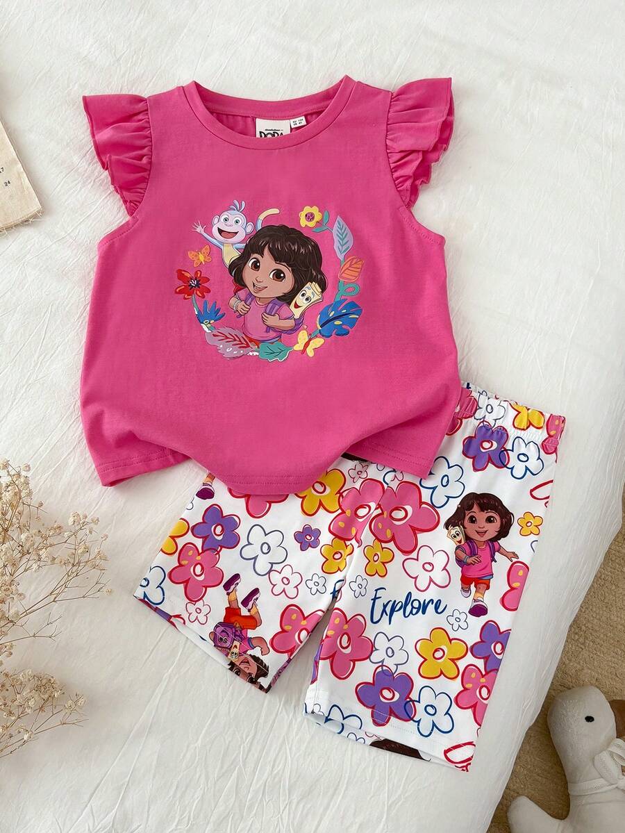DORA | SHEIN Bộ áo thun tay bồng in họa tiết DORA Girls - Nhiều màu - Xem 1
