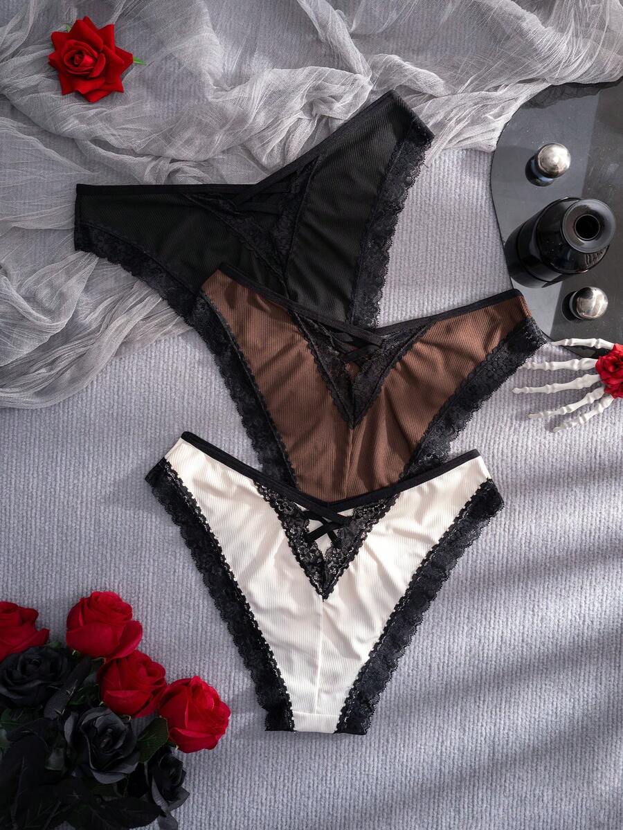 AltCore 3pcs Lace Patchwork Ribbed Comfortable Bikini Briefs - Multicolor - View 1