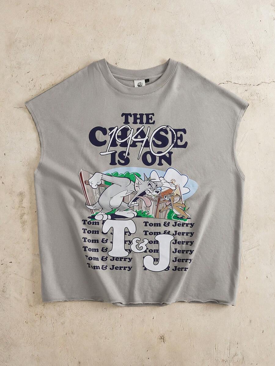 TOM & JERRY X SHEIN Áo tank top nam cổ tròn in chữ và hoạt hình, kiểu dáng thường ngày. - Màu be - Xem 1