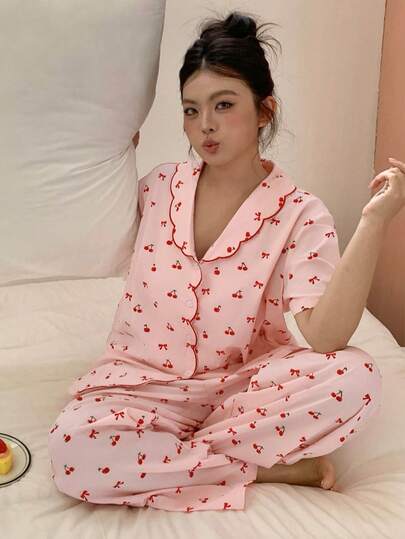 Dazy Plus Plus Size Women's Bow & Cherry Print Colorblock Embroidered Collar Pajama Set, Pink, Spring/Summer