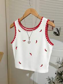 Resyla Chili Pepper Embroidery Design Women Tank Top, Fashion Shell Trim Camisole - White - View 3