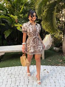 SHEIN SXY Đầm chữ A in họa tiết nhiệt đới phong cách bohemian thường ngày cho kỳ nghỉ - màu nâu - Xem 5