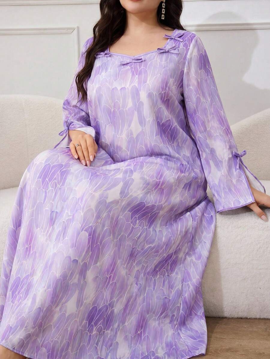 Al Najma Plus Size Women Loose Fit Bow Decor Arabian Dress - Multicolor - View 1