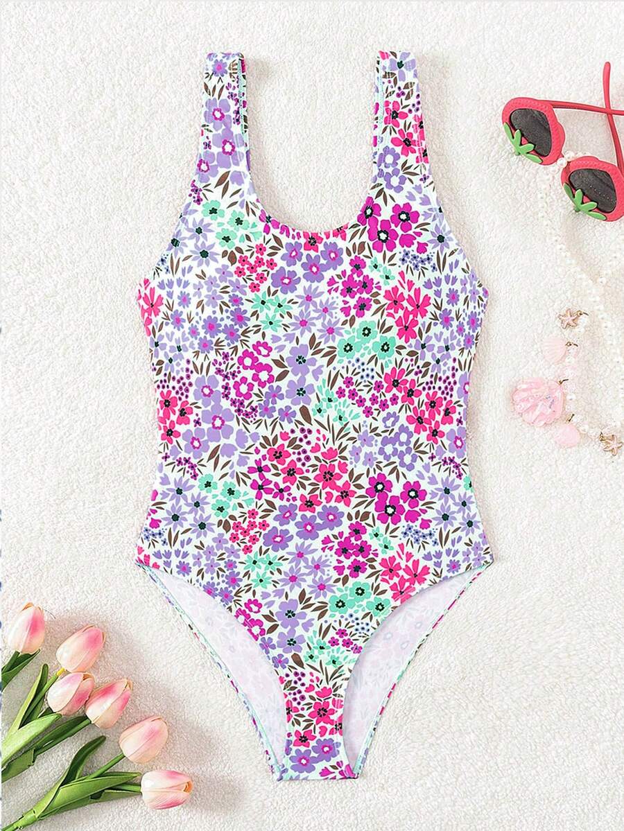 SHEIN 少女碎花连体泳衣,度假海滩儿童游泳衣,儿童沙滩装 - 彩色 - 查看 1
