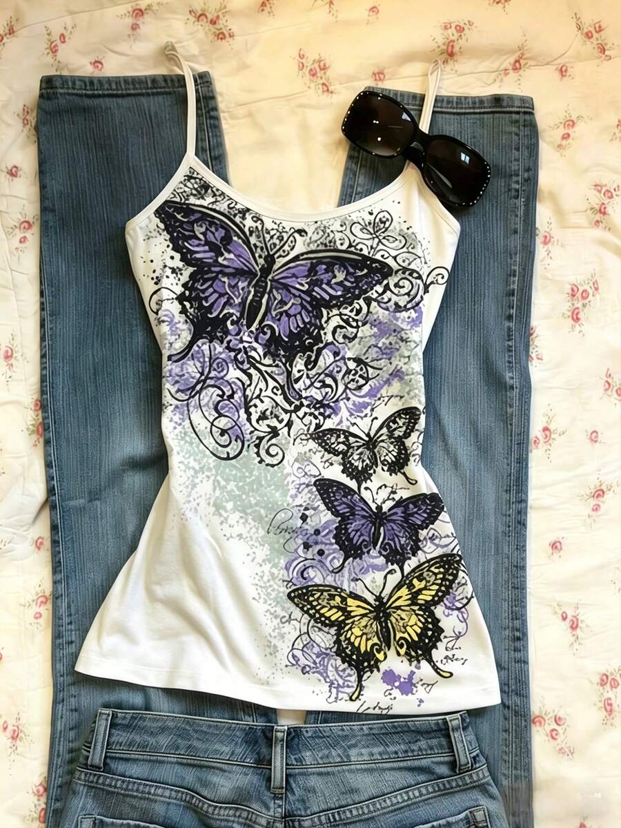 IslaSuriya Women's Butterfly Print Casual Versatile Daily Wear Camisole Top - Multicolor - View 1