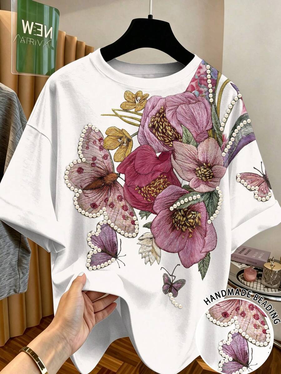 EMERY ROSE 花卉蝴蝶图案珍珠装饰圆领短袖休闲加大码T恤 - 彩色 - 查看 1
