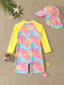 Setelan Baju Renang 2 Potong untuk Anak Perempuan, Motif Bunga Warna-warni, Lengan Panjang, Pelindung Ruam Kulit, dan Celana Pendek, Dilengkapi Tudung Lucu, Cocok untuk Berenang dan Liburan Musim Panas - Kuning - View 2