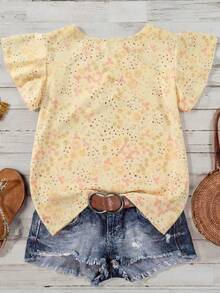 EMERY ROSE Women's Ditsy Floral Regular Fit Vacation Casual Commute Shirt With Ruffle Sleeves - Light Yellow - View 2