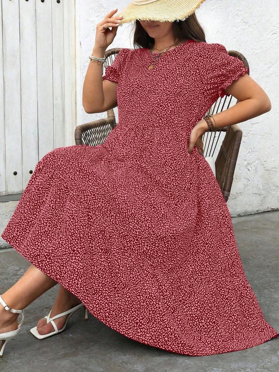 Ceyna Plus Leopard Print Ruffle Hem Dress For Summer Maxi Women Outfit - Red - View 1