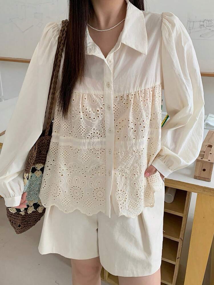Dazy Plus Patchwork Embroidered Textured Fabric Lantern Sleeve Collared Short Casual Vacation Summer Top, Plus Size Casual Spring/Summer Blouse For Women