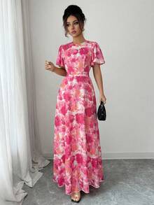 Elenzga Vestido elegante y romántico para mujer con cuello redondo, mangas con volantes y cintura ceñida, con estampado digital - Multicolor - Ver 6