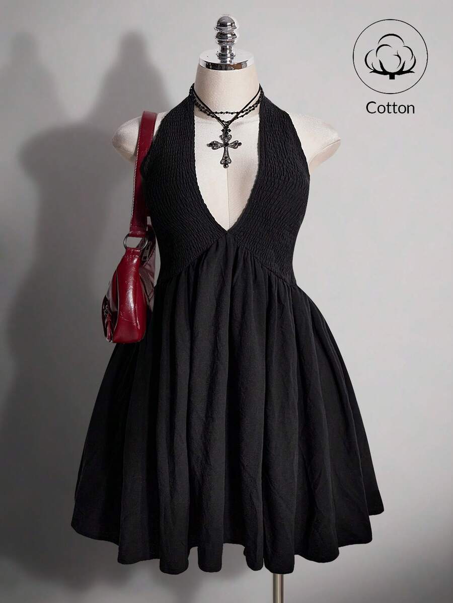 SHEIN ICON 大码女式水洗棉黑色吊带连衣裙 - 黑色 - 查看 1