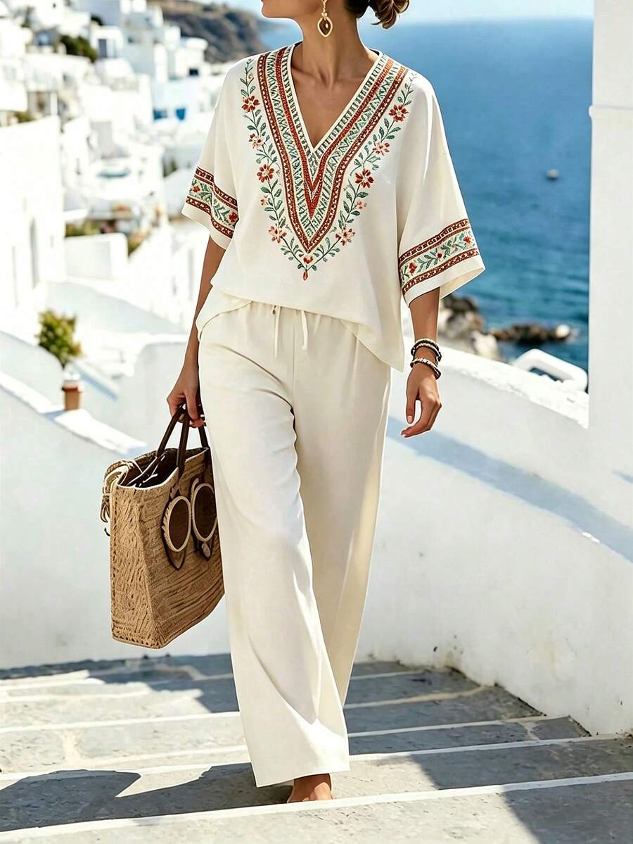 EMERY ROSE Conjunto de 2 piezas para mujer de talla grande con top holgado de cuello en V con estampado floral y pantalones de pierna ancha, estilo playero - Multicolor - Ver 1