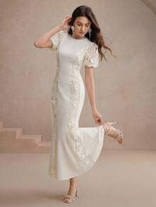 Robe longue élégante pour femmes Anewsta printemps/été, col rond, manches en pétales, mélange de tissus tissés, appliques en dentelle, ourlet en queue de poisson - Nude - Voir 3