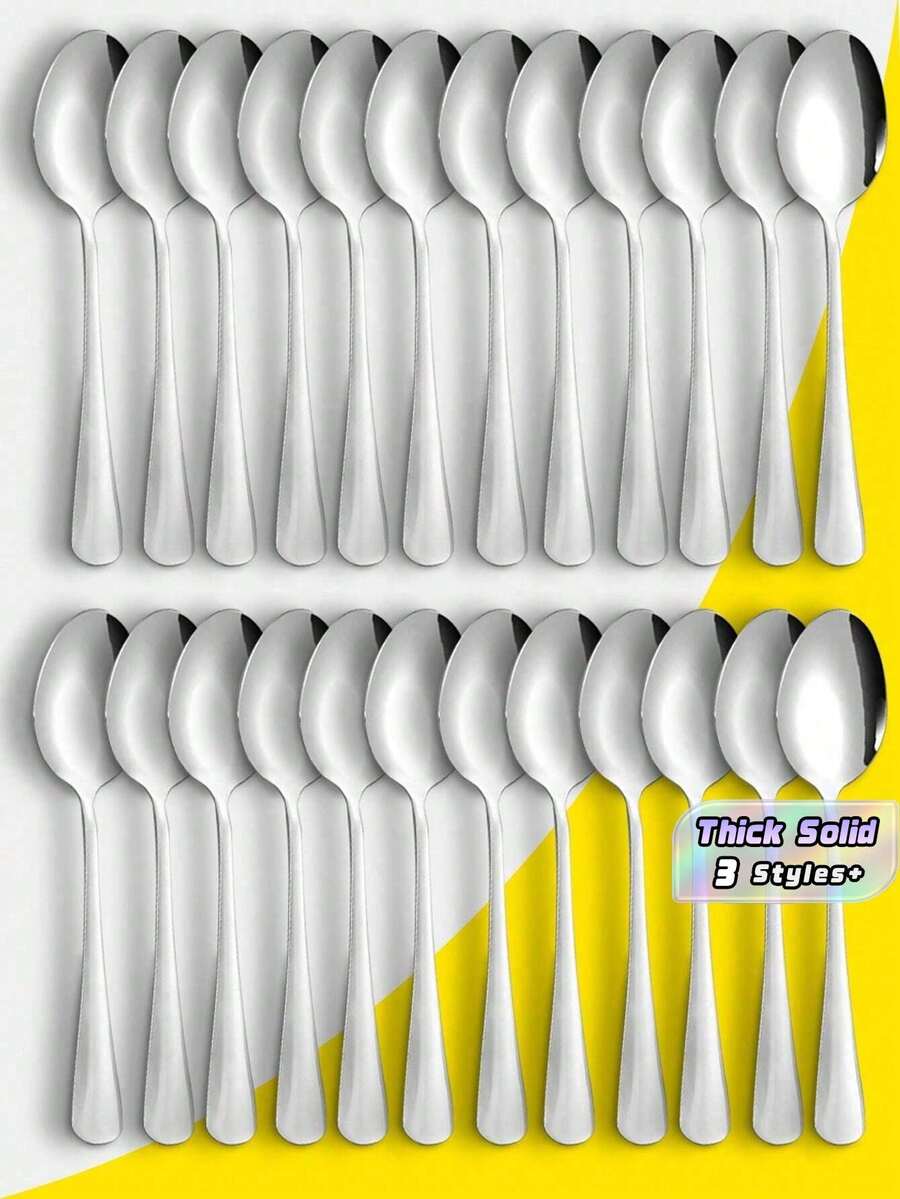 6pcs/12pcs/24pcs Stainless Steel Spoon For Home Kitchen And Restaurant,Kitchen,Christmas Gift,School Supplies - Silver - View 1