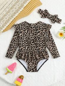 Baby Girls Leopard Print Swimsuit With Ruffles And Sleeves,Includes Headband,Fashionable Cheetah Romper Rash Guard For Holiday Beach Vacation - Multicolor - View 2